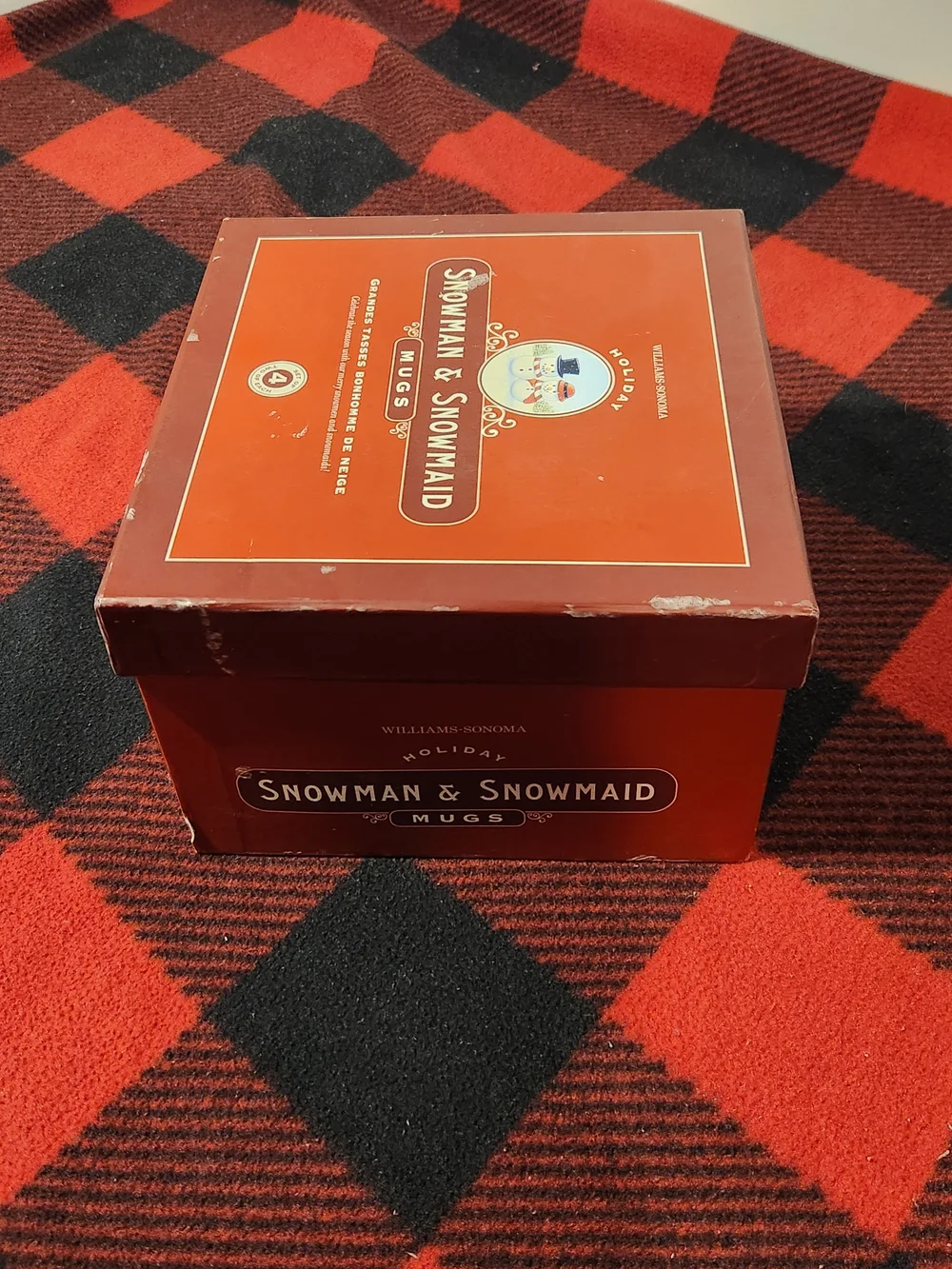 Williams Sonoma Holiday Snowman & Snowmaid Red Mug Set